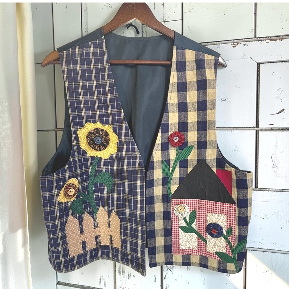 Vintage Novelty Applique Vest XL Plaid House Flower Teacher Kitsch Rustic Folk